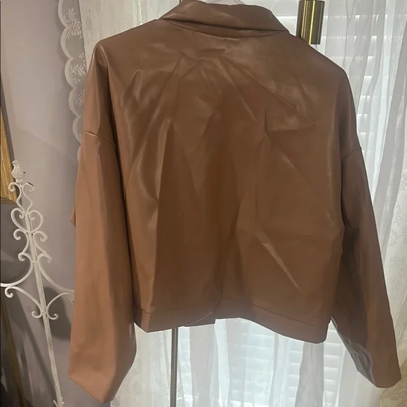 Cognac Brown Faux Leather Jacket with Classic Collar - Picture 4 of 4